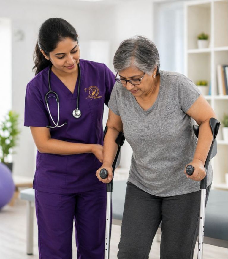 Nurse assisting elderly patient in rehabilitation