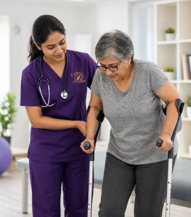 Nurse assisting elderly patient in rehabilitation