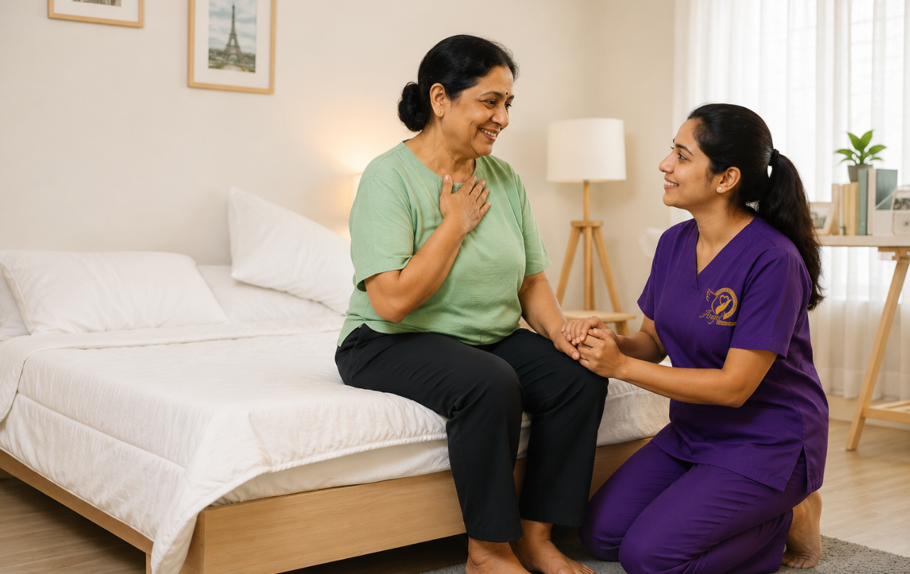 Professional geriatric caregiver assisting elderly patient at home in Trivandrum