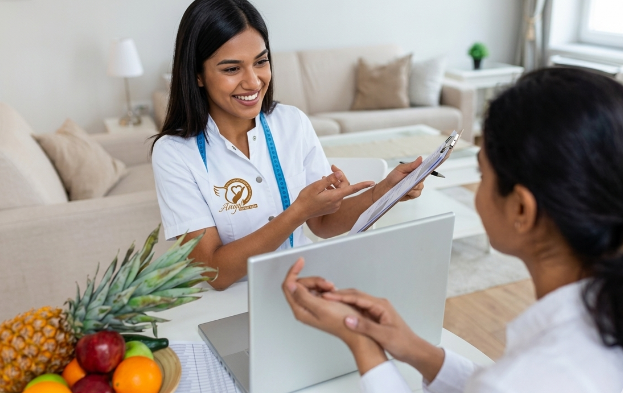 Professional dietician providing personalized nutrition consultation at home