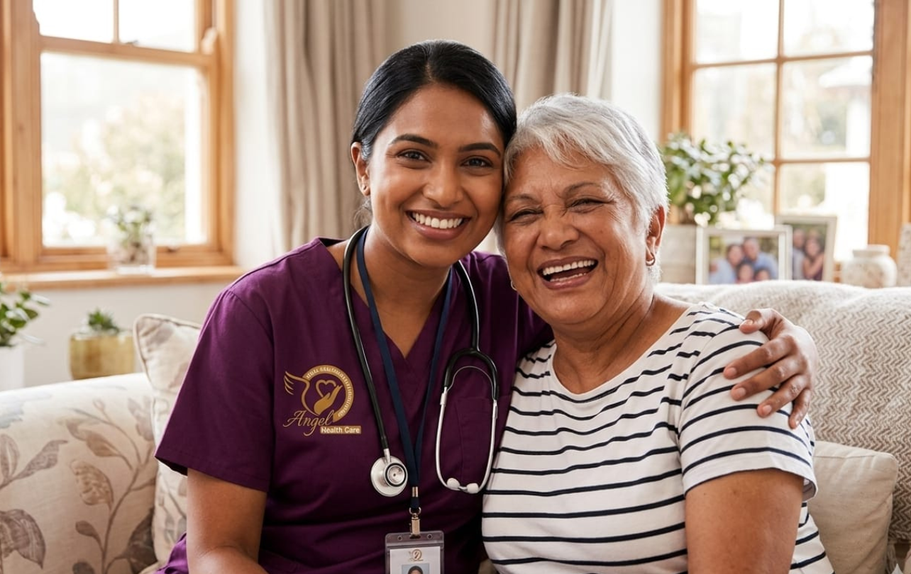 Nurse assisting elderly patient at home in Trivandrum