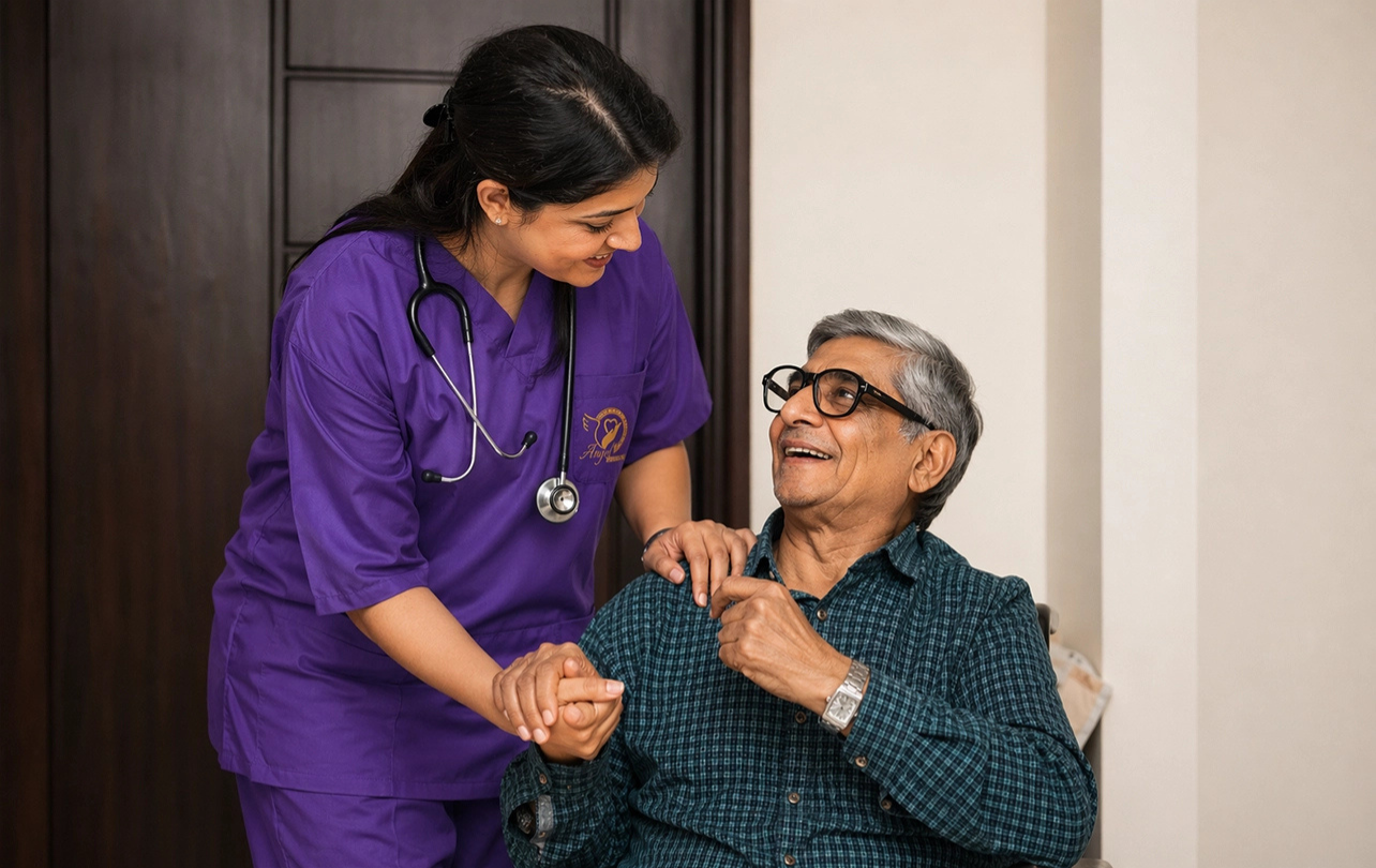 caregiver helping senior citizen at home