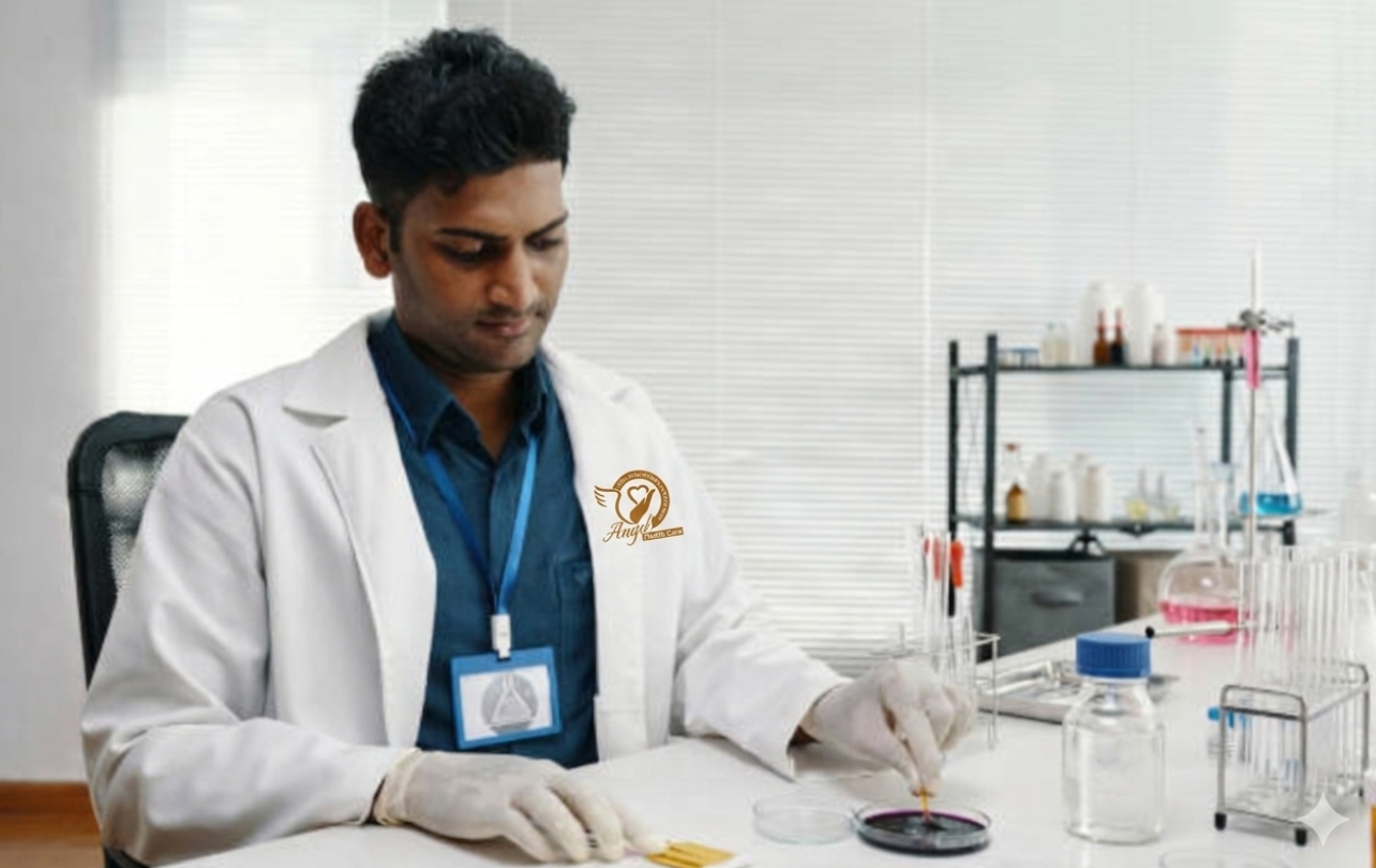 Lab technician collecting blood sample at home