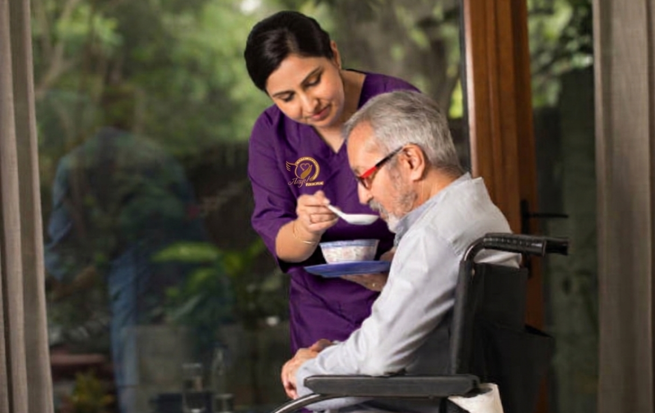 Nurse assisting senior citizen at home
