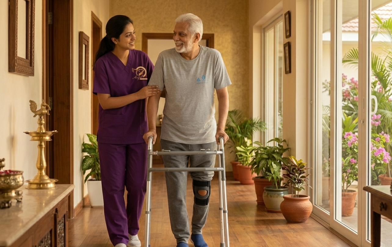 Indian nurse supporting elderly woman at home