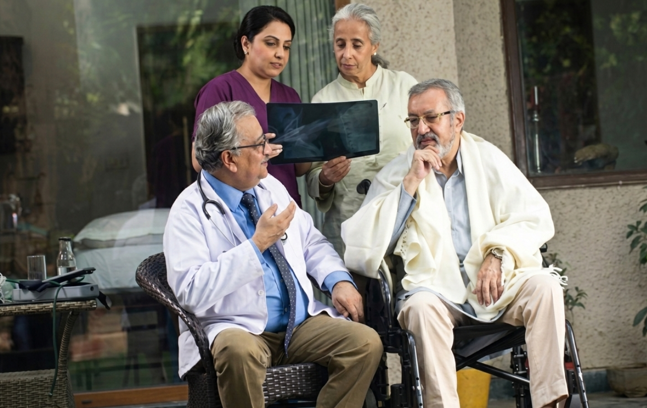 Nurse providing medical care to senior patient at home