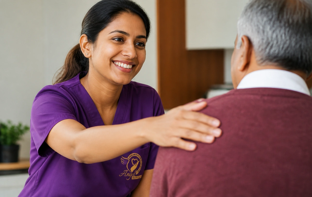 caregiver talking with senior citizen at home