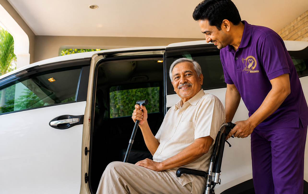 caregiver helping elderly into car safely