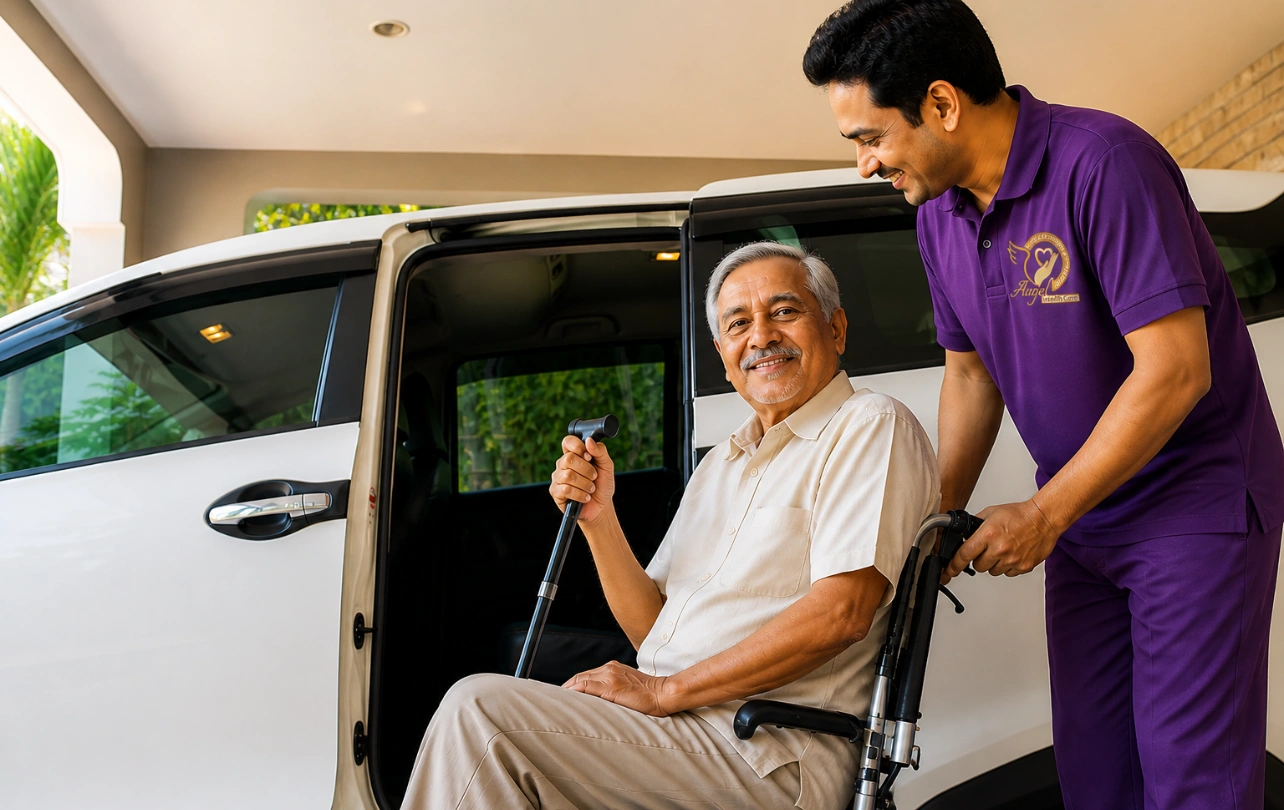 caregiver helping elderly into car safely