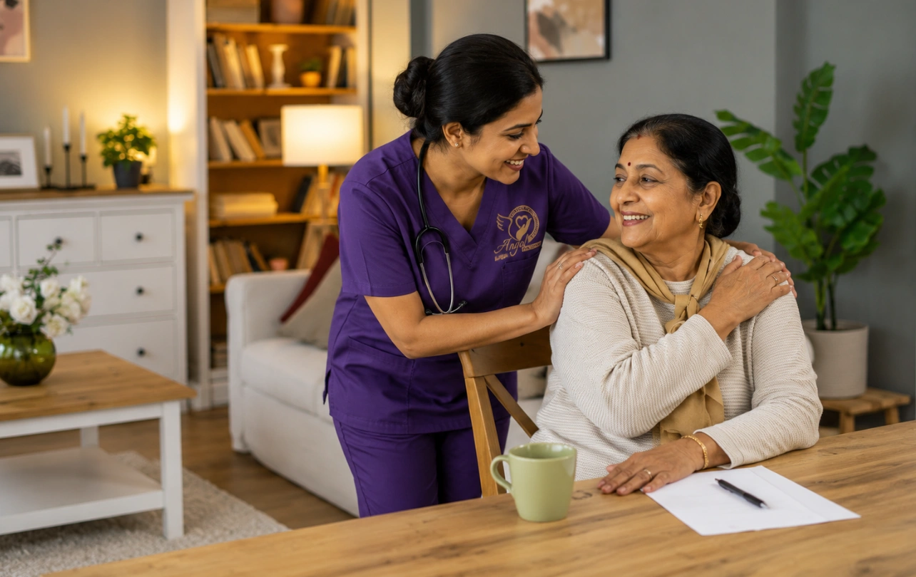 Caregiver accompanying a senior citizen during a medical appointment visit