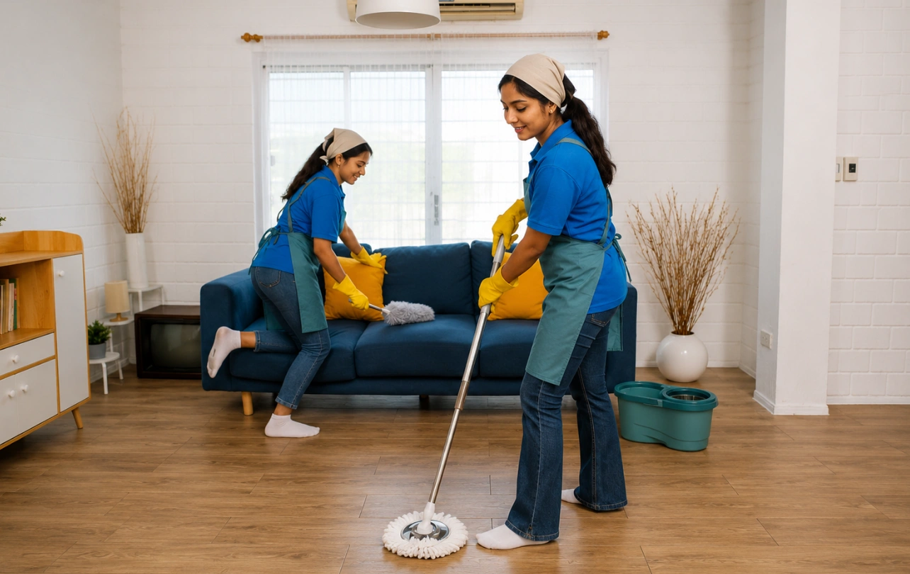 Professional cleaner disinfecting and cleaning a modern home interior