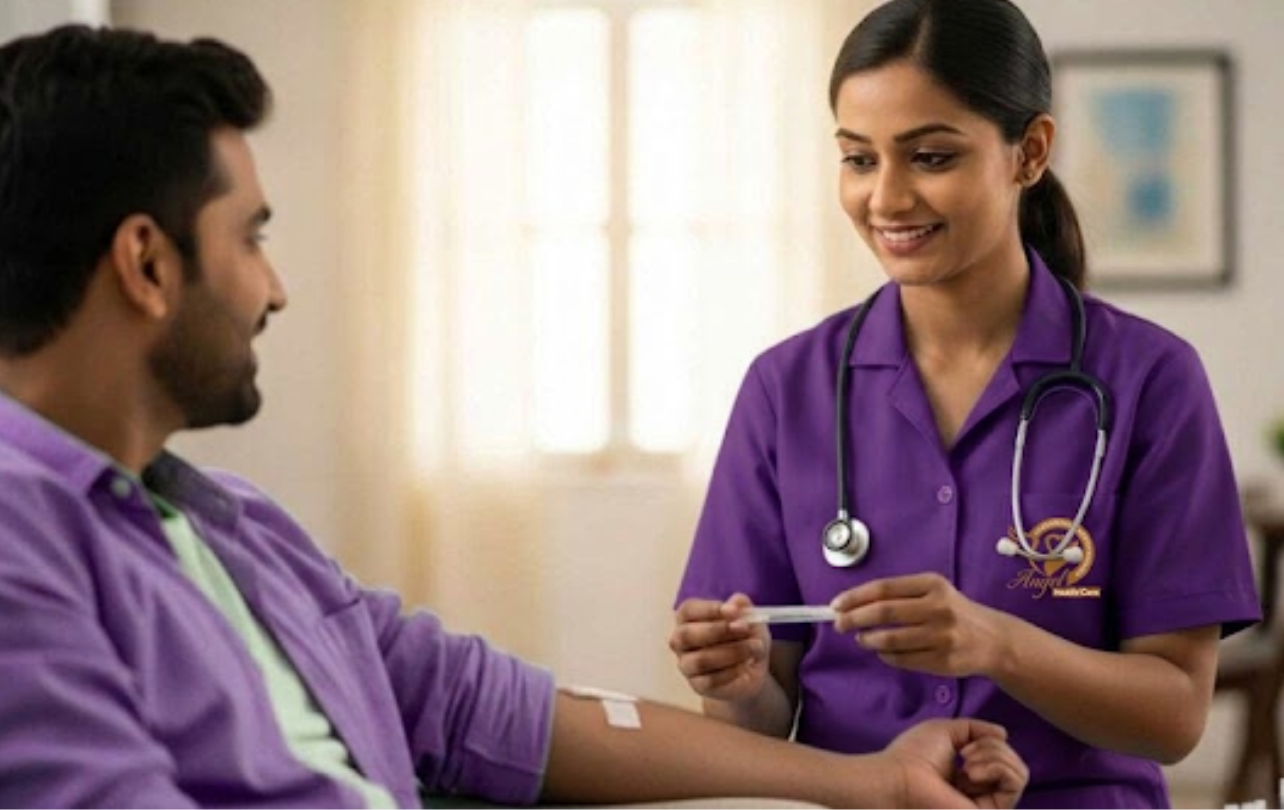 Healthcare professional collecting blood sample at home