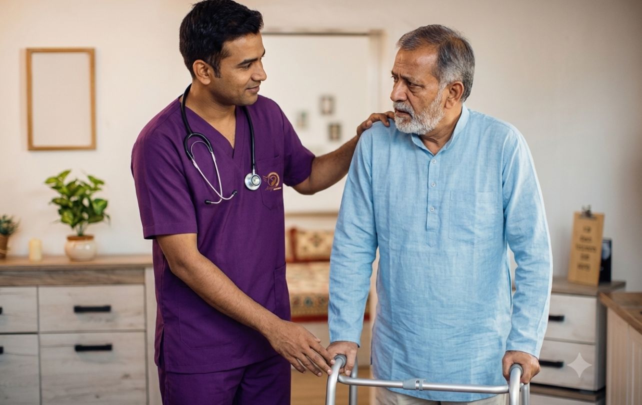 Doctor examining elderly patient at home in Trivandrum