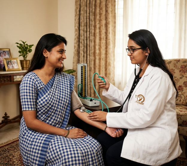 Nurse checking blood pressure at home
