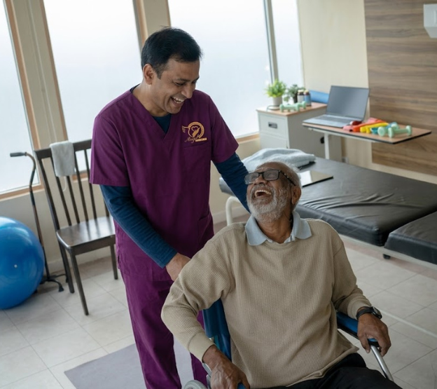 Healthcare professional assisting elderly patient with mobility support at home