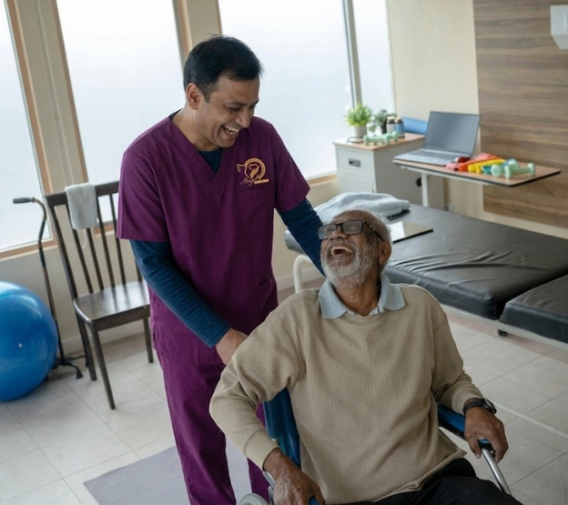 Healthcare professional assisting elderly patient with mobility support at home