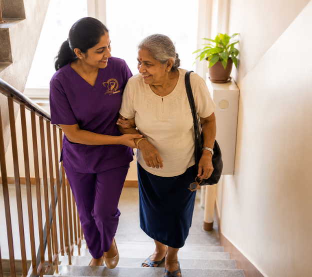 Healthcare professional assisting senior citizen with mobility support at home