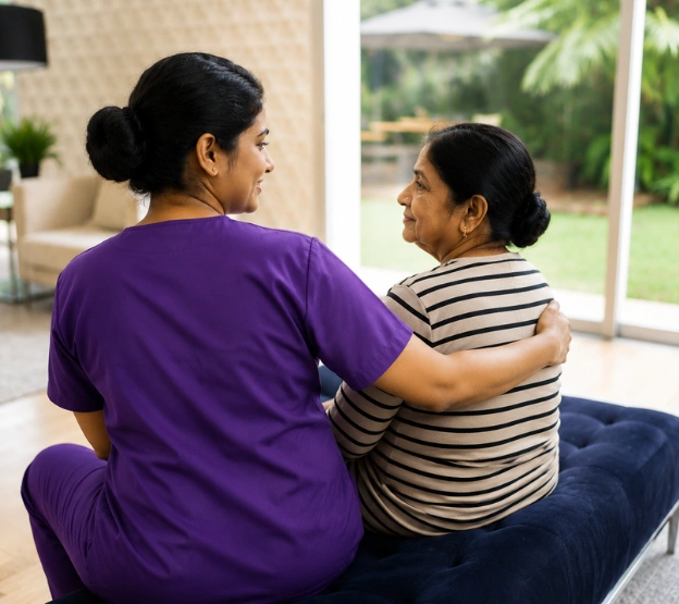 Friendly caregiver engaging in conversation with an elderly person at home
