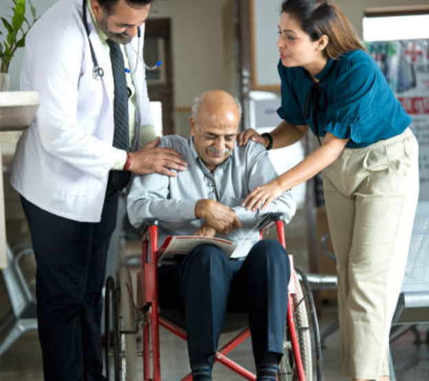 Allied health team assisting elderly patient