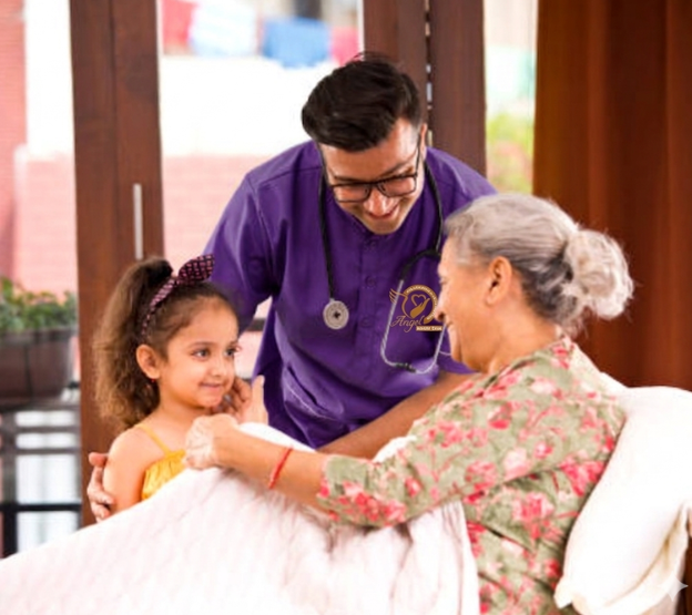Family supporting elderly patient at home