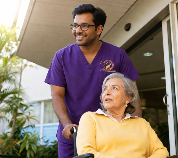 caregiver supporting elderly outside home safely