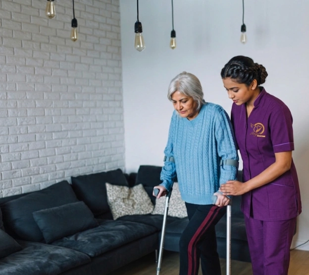 elderly person safely arriving home with caregiver