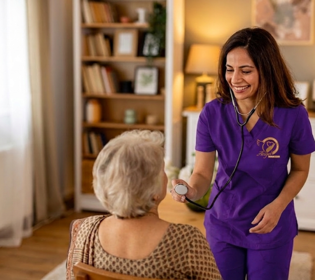 Professional home nurse supporting patient recovery