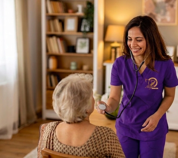 Professional home nurse supporting patient recovery
