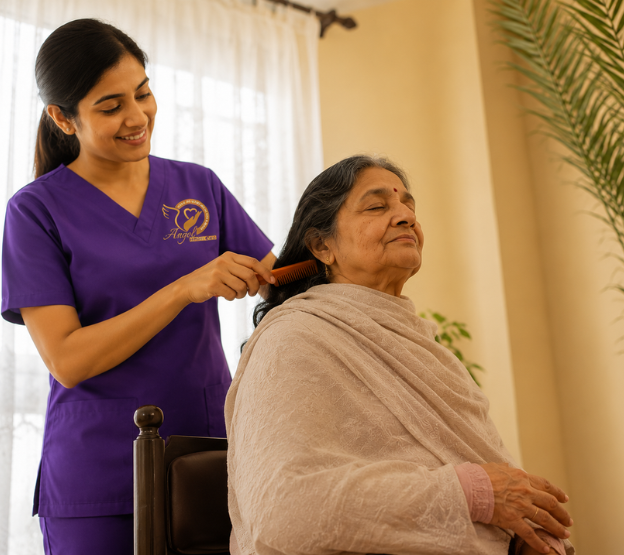 Compassionate medical caregiver supporting chronic illness patient at home