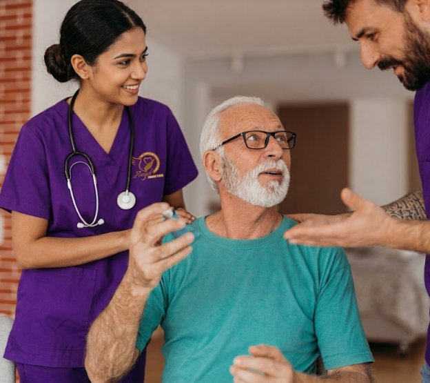 Speech therapist and caregiver supporting patient recovery at home