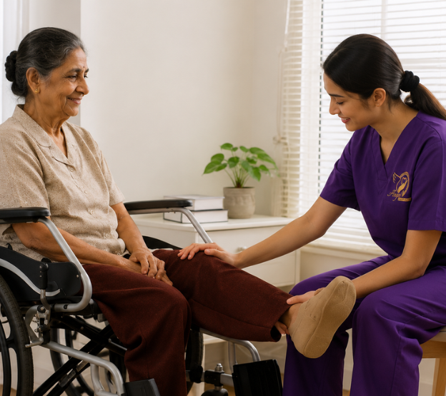 Physiotherapist helping elderly patient with rehabilitation exercises at home
